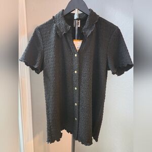 Anne Klein Black Crinkle Textured Button Front Blouse NWT Size S